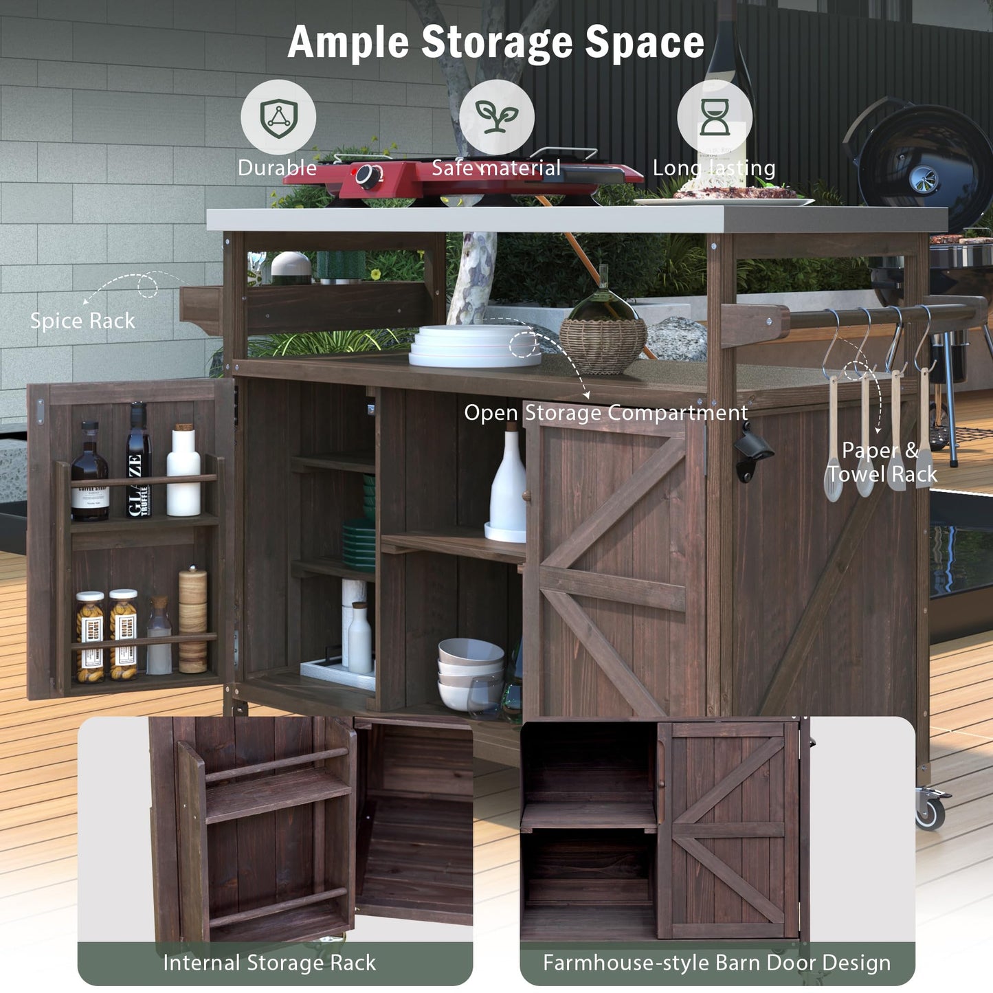 YOPTO Outdoor Kitchen Island Cart with Internal Storage Racks,Solid Wood Outdoor Grill Table W/Stainless Steel Top,4 Secure Locking Wheels,4 Hangers and Bottle Opener for Kitchen & BBQ,Dark Brown