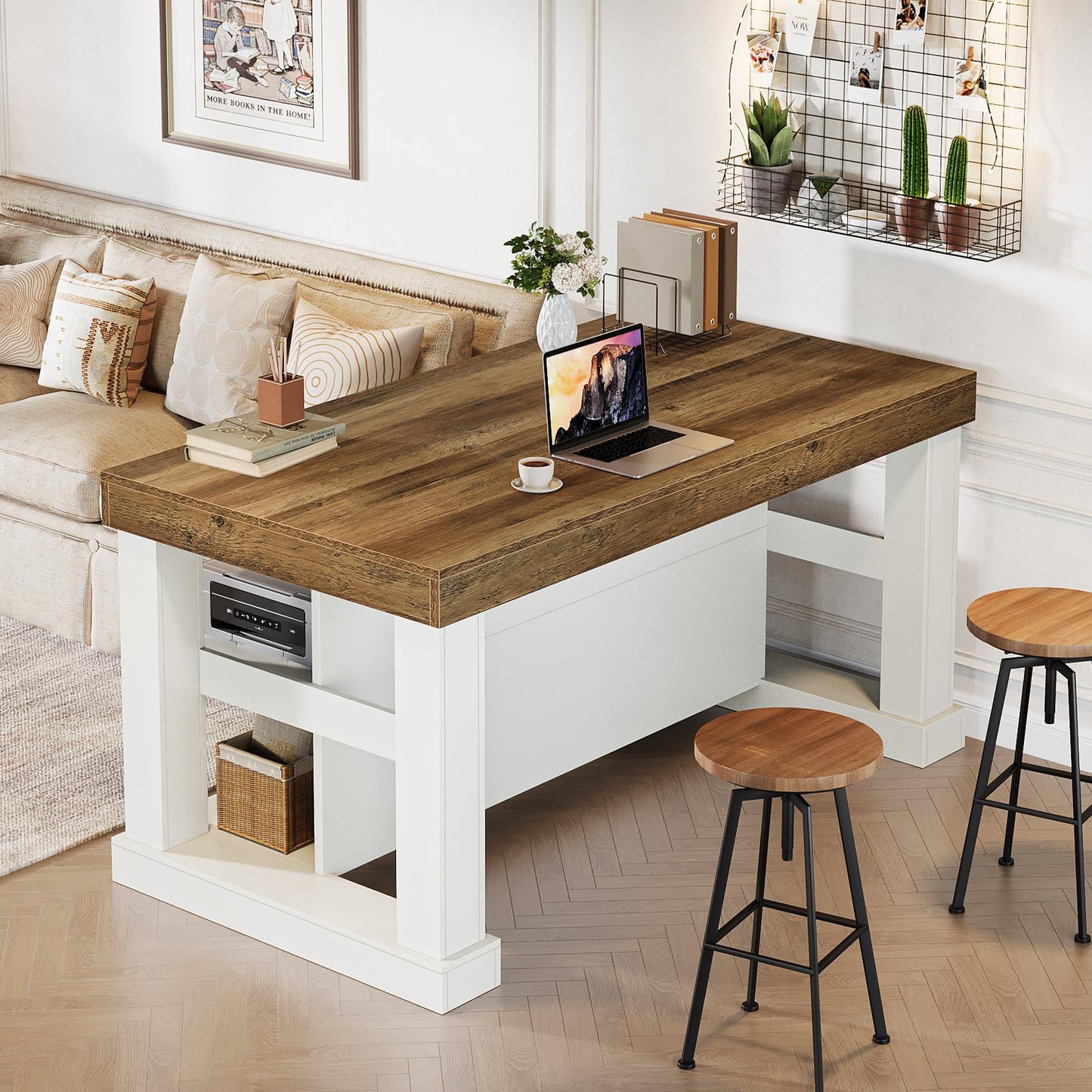 Tribesigns 55" Kitchen Island with Seating and Storage, 3-Tier Farmhouse Wood Stationary Island Table with Large Worktop & Leg Room, Coffee Bar Table with Storage Shelves for Kitchen, White and Brown