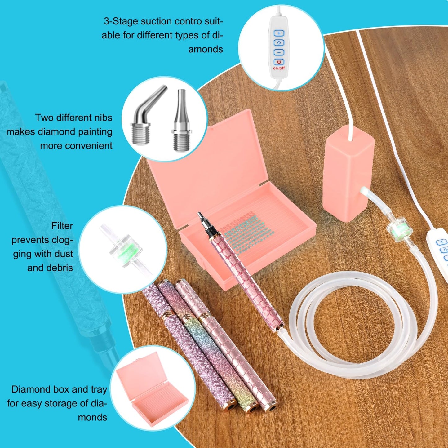 Electric Diamond Painting Pen, Diamond Art Pen, Wax-Free Vacuum Diamond Painting Pen, 3 Adjustable Suction Levels Diamond Art Pens Tools (Pink)
