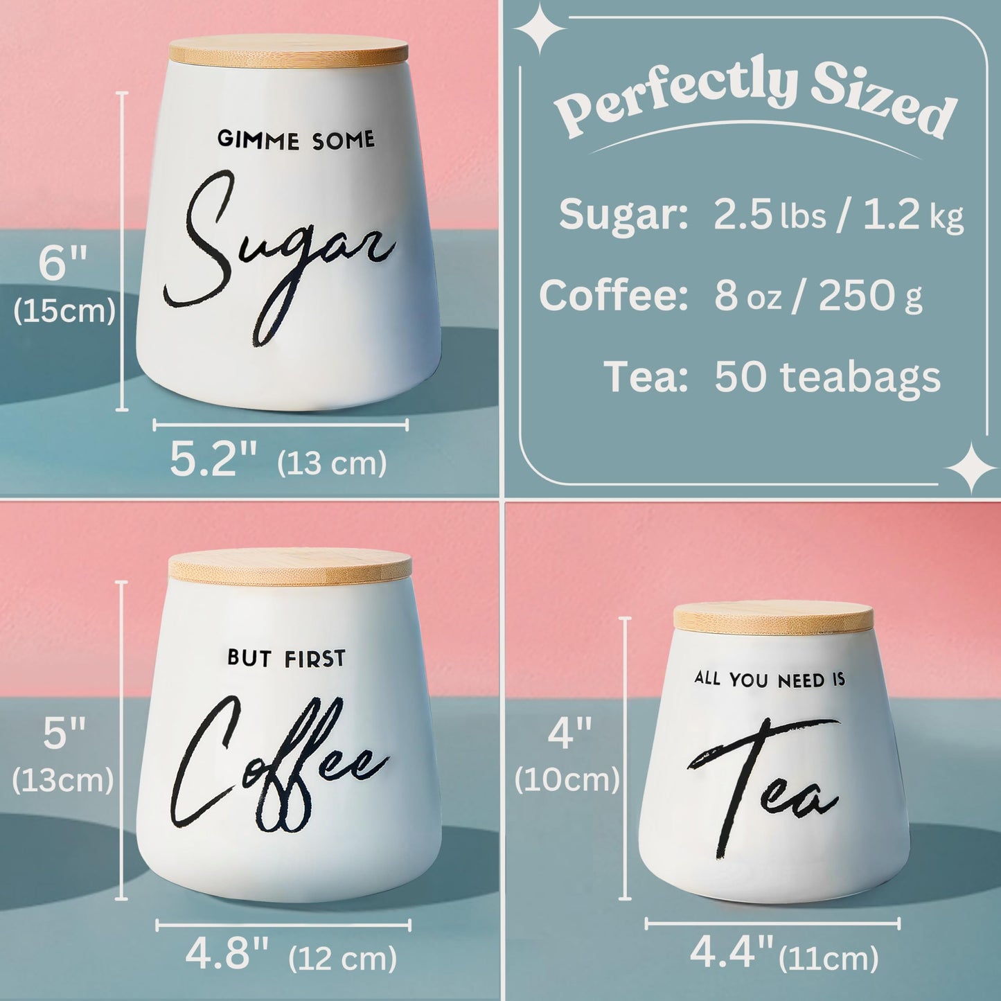 FIFTH FORK Coffee Tea and Sugar Ceramic Canister Set with Bamboo Lids - 3-Piece Airtight Kitchen Canisters for Countertop - Coffee Bar Container Set, Off-White