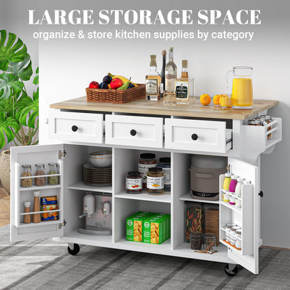 Rovibek Kitchen Island with Drawers 53 in Rolling Island Cart Mobile Solid Wood Portable Islands on Wheels with Storage Cabinet & Drawers, White
