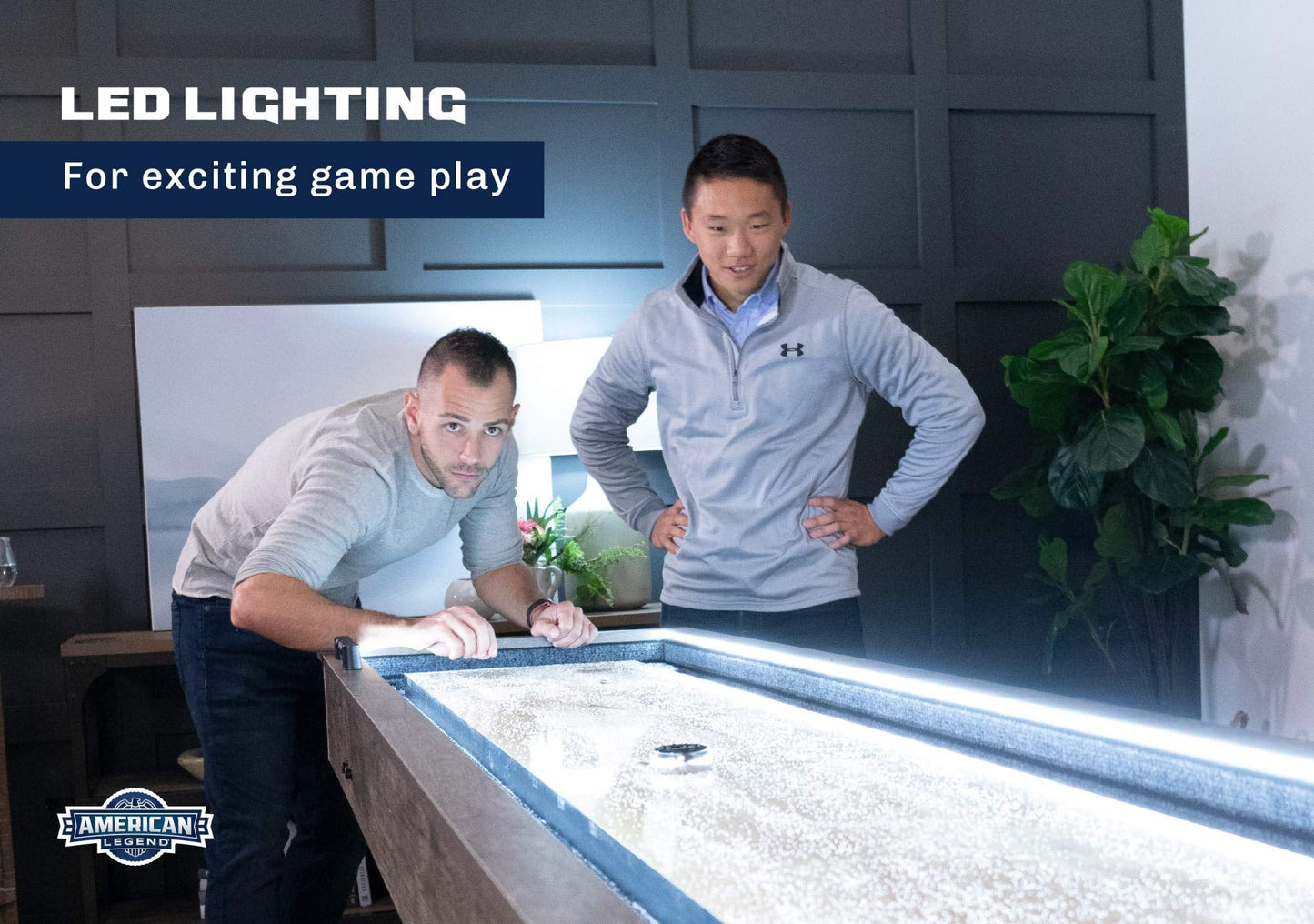 American Legend Kirkwood 9’ Shuffleboard Table with LED Rails, Bowling Game Set, Rustic Wood Finish & Accessories Included