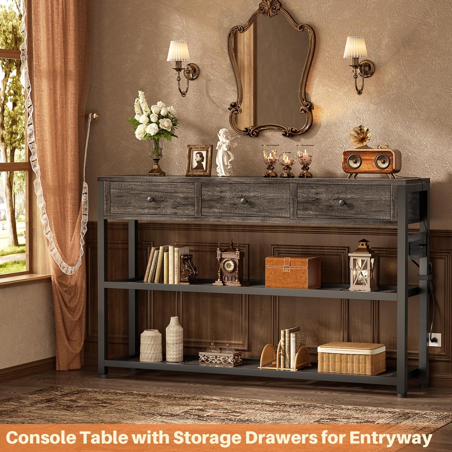 Ecoprsio 47'' Entryway Table with Outlets and USB Ports, Console Table with 3 Drawers, Sofa Table Narrow Long with Storage Shelves for Living Room, Couch, Hallway, Foyer, Kitchen Counter, Grey