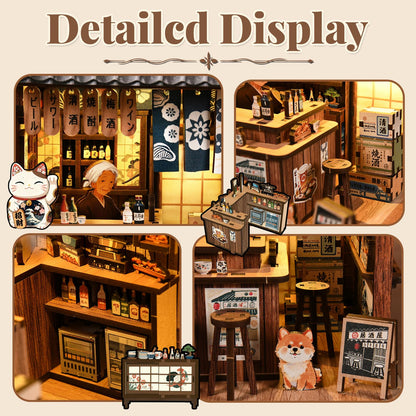Kubelyx Book Nook Kit - DIY Miniature Doll House Kits for Adults and Teens, Craft Lovers' 3D Wooden Puzzle Bookshelf Decor with LED Light, Gifts for Family and Friends (Sakura Alley Sake Bar)