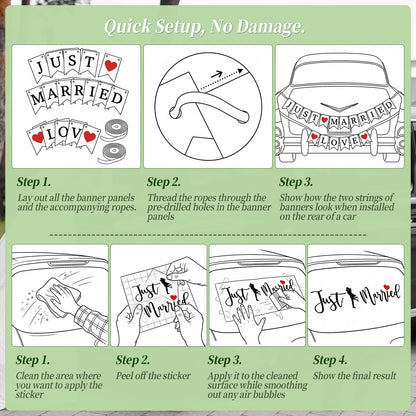 Just Married Car Wedding Decorations Kit with Artificial Flower Floral Swag / Just Married Love Sign Banner and Car Bouquet & Window Decals, Wedding Car Accessories for Bridal Shower Honeymoon Decor