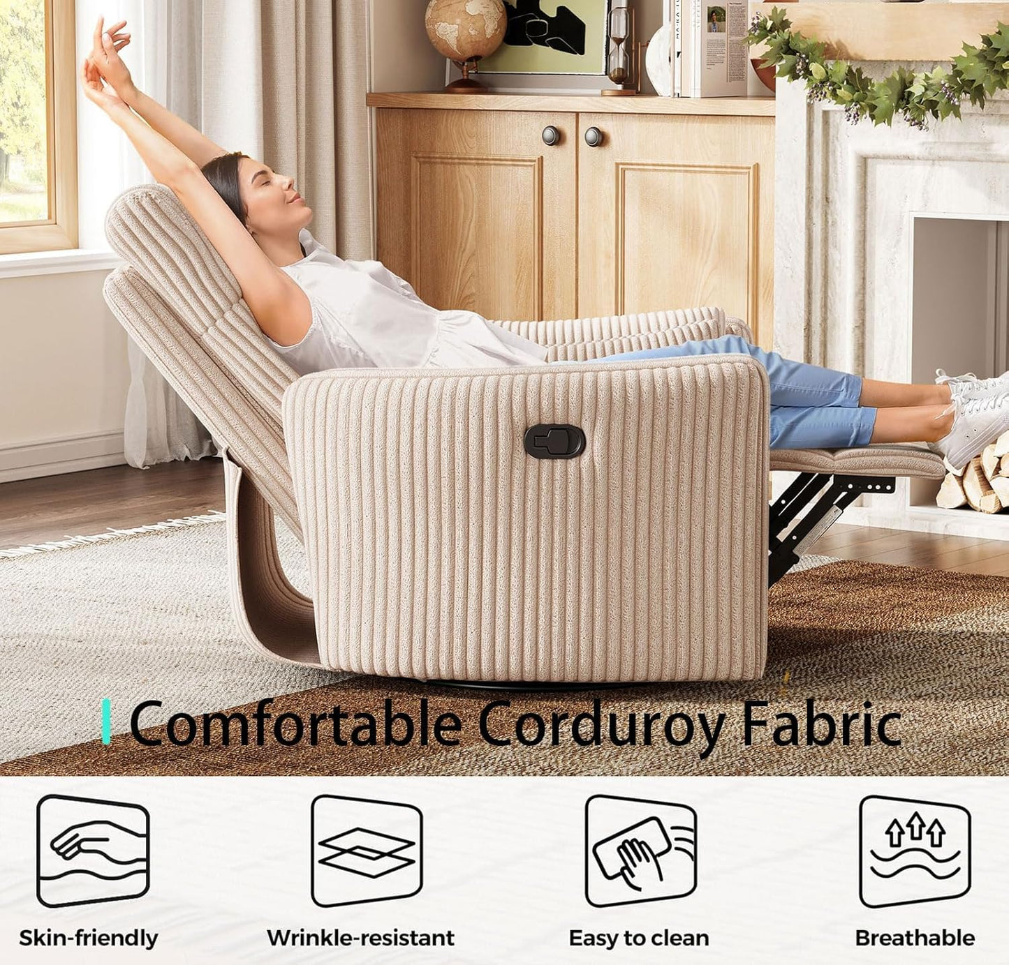 LINSY 360 Swivel Recliner Chair, Nursery Glider Rocking Chair with 2 Pillows, Corduroy Nursing Chair Comfy High Back Adult Rocker Recliner for Small Spaces, Nursery Bedroom Living Room (Beige)