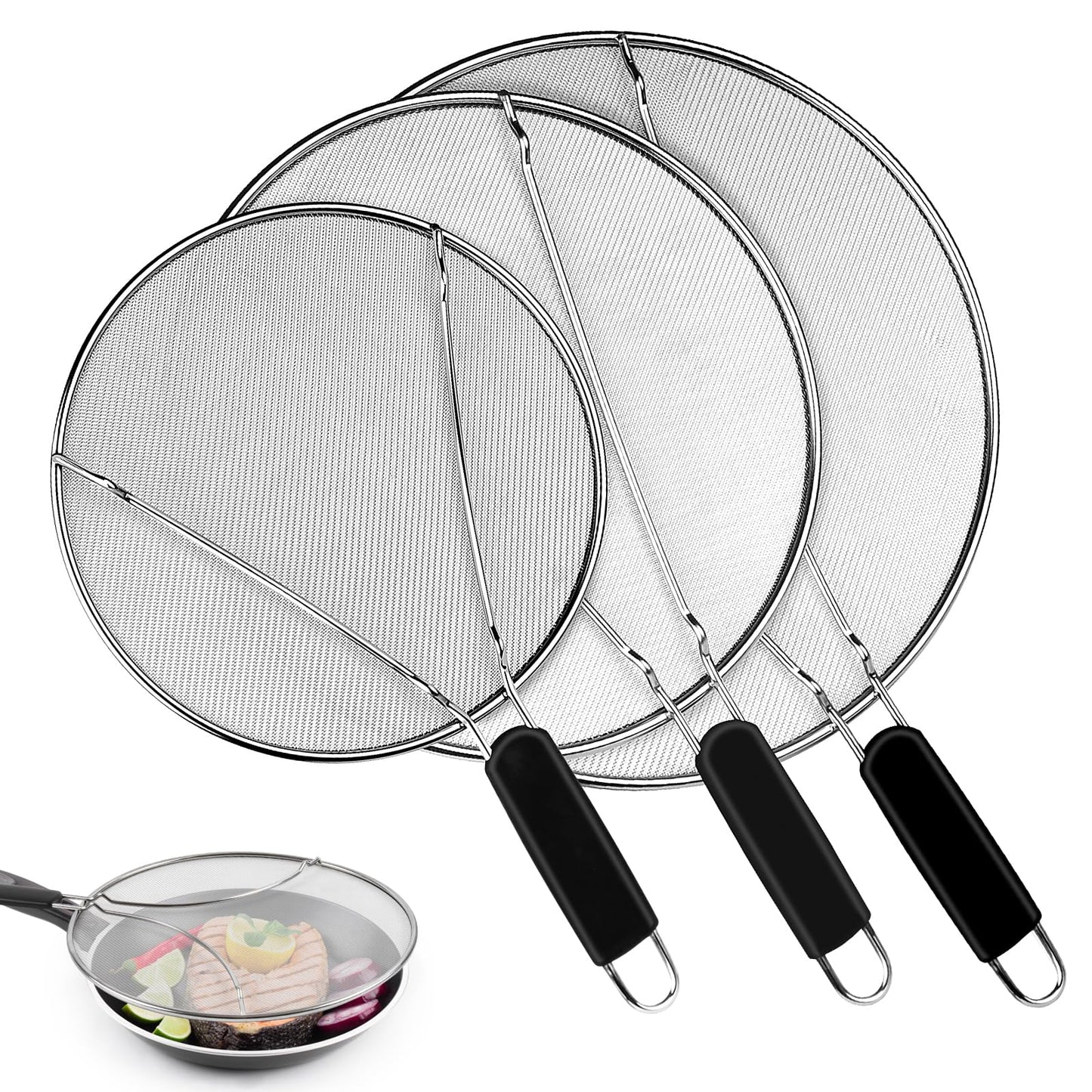 Splatter Screen for Frying Pan - 9.8" 11.4" 13" Stainless Steel Fine Mesh Grease Splatter Guard with Silicone Handle, Hot Oil Splash Guard for Cooking to Prevent Oil Splatter, Safe Cooking