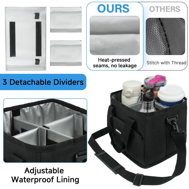 MRINCA Reusable Drink Carrier with Handle – Insulated, Collapsible 4-Cup Beverage Bag with No-Spill Base, Adjustable Dividers & Shoulder Strap, Portable Caddy for Delivery, Car and Travel, Black
