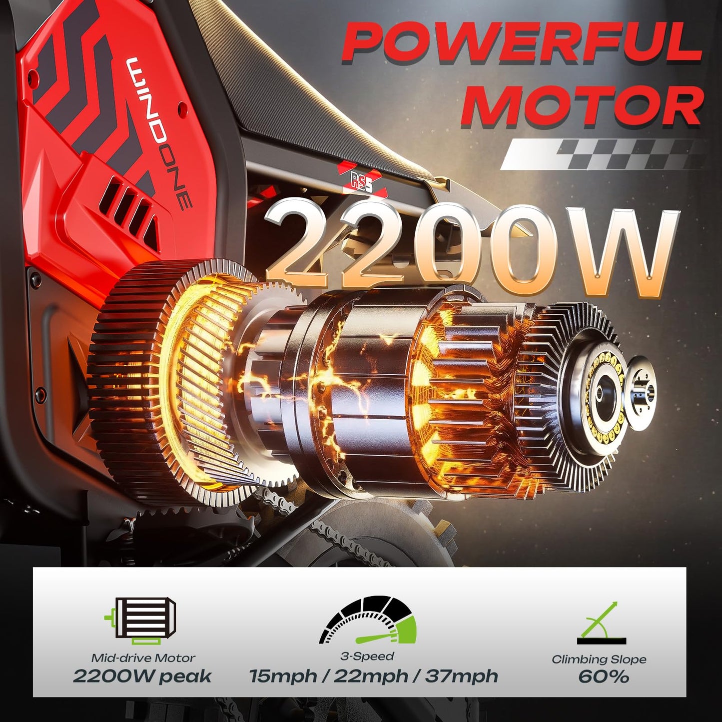 WindoneRide RS5 Electric Dirt Bike, 2200W 37MPH Electric Motorcycle, 48V/22.5Ah Battery Ebike, Full-Suspension Off-Road Mountain E Dirt Bike, Dual Hydraulic Brakes, Red