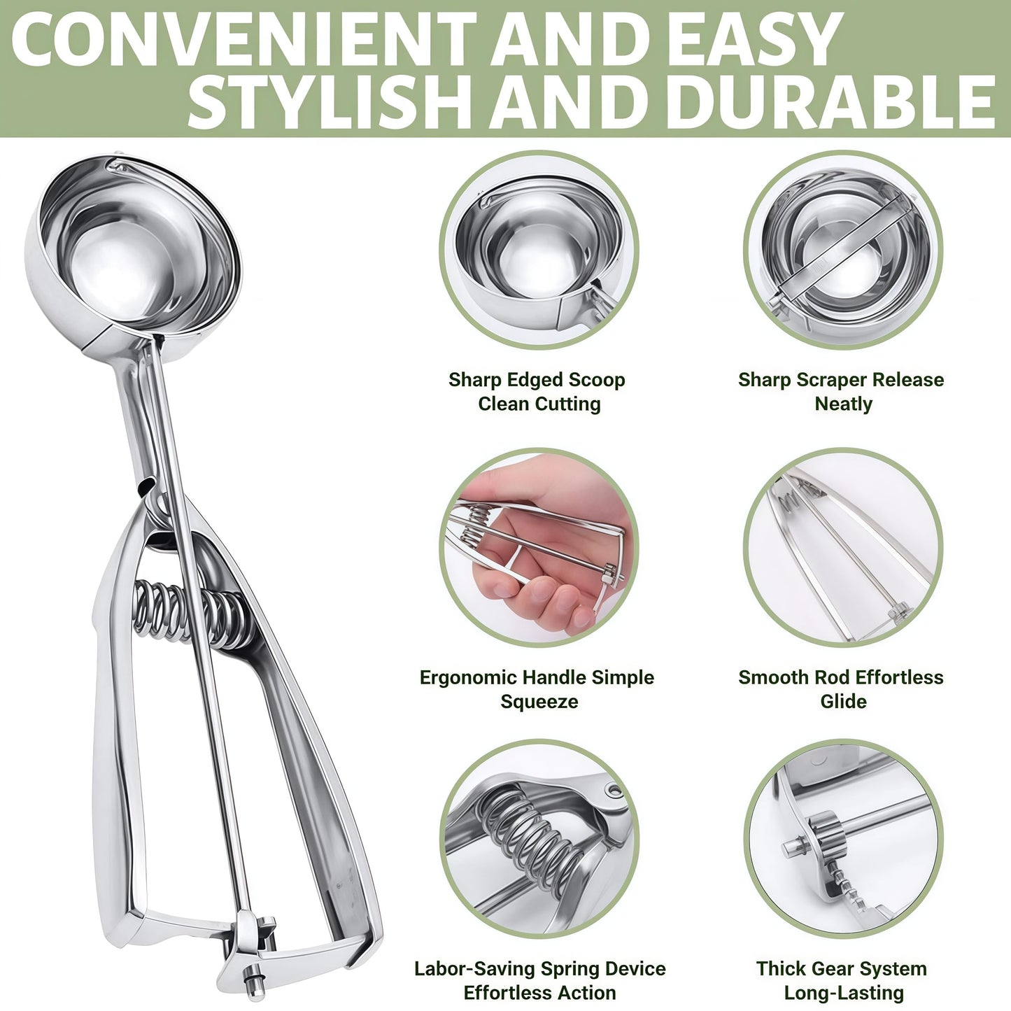 6-Piece Stainless Steel Cookie Scoop Set, 3 Sizes Ice Cream Scoop with Trigger Release, Portion Scoops for Baking, Cookie Dough, Meatballs, Melon Balls, Cupcakes, Desserts and Kitchen Prep