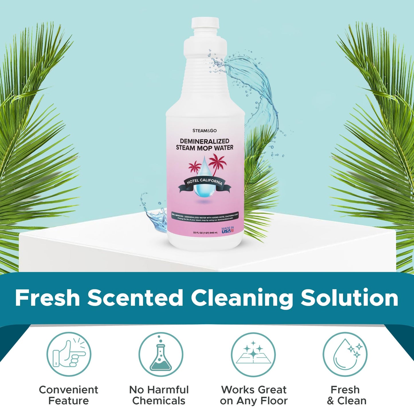 Steam & Go Demineralized Water for Steam Mop – Hotel California Scent, 32 Ounces (Pack of 1) | Scented Floor Cleaner Solution, Ready-to-Use, Compatible with Any Steam Cleaner