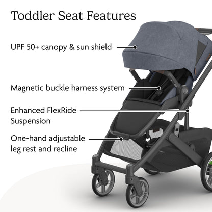 UPPAbaby Cruz V3 Stroller - from Birth + Car Seat Compatible - Full-Size, Reversible Seat - Infant Insert, Bug and Rain Shields Included - Julian (Dusty Blue Mélange/Carbon Frame/Chestnut Leather)
