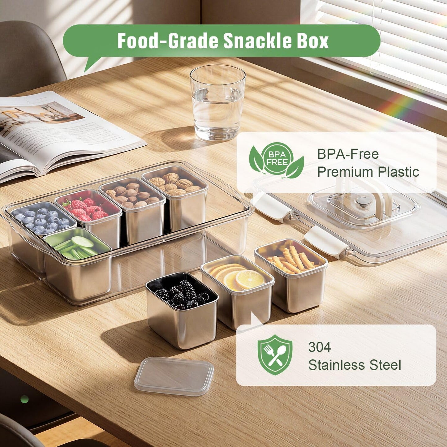 Snackle Box Container, 304 Stainless Steel Divided Serving Tray with Lid and Handle, Portable 4 Compartments Veggie Tray for Fruits,Veggies,Nuts &Candy, Dishwasher Safe for Travel,Picnic,Beach&Parties