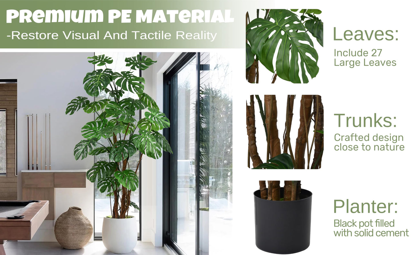 Roselywed Artificial Monstera Deliciosa Tree 8FT with 27 Split Leaves Realistic Tropical Swiss Cheese Plant 94 Inch Tall Large Fake Faux Palm Black Pot for Indoor Home Office Porch Mall Hotel Decor