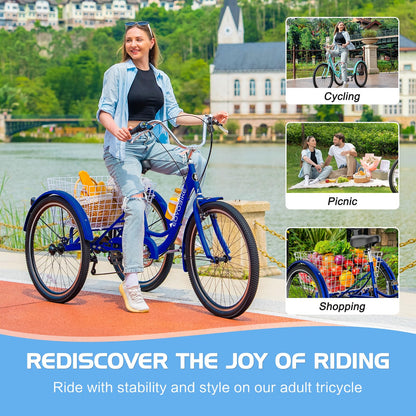 EOYOBIKE Adult Tricycle 3-Wheel Cruiser Bike, Low Step-Through, Heavy-Duty Comfort Trike with Adjustable Handlebar & Spring Saddle, Large Rear Basket, for Seniors & Adults (Harbor Blue, 26" Tire)