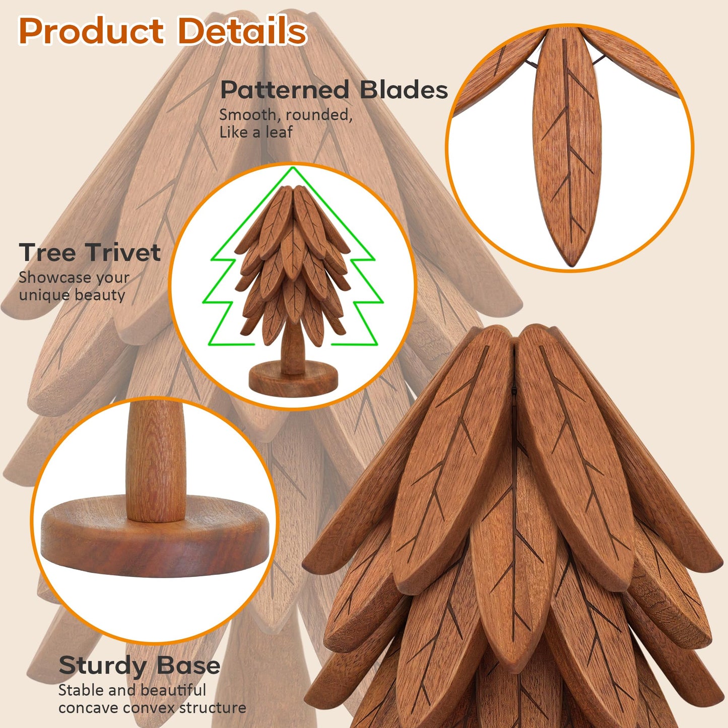 Wooden Trivets for Hot Dishes, Wooden Tree Trivet Set, Tree Coasters - of 5 + 1 Stand stored, Suited for Hots, Pans, Bowl, Teapot, Hot Holders - Multifunctional Ornaments