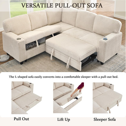 ERYE L-Shaped Symmetrical Sleeper Sectional Sofa W/Pull Out Sleeper Couch Bed and Storage Seat for Living Room, Corduroy Tufted Corner Convertible Sofa Bed with USB-C Ports