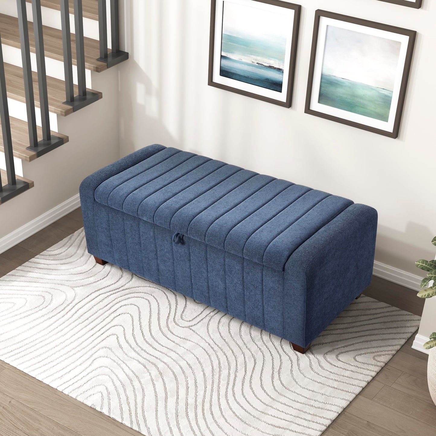 Lexicon Storage Bench, Modern Striped Boucle Upholstered Entryway Bench with Solid Wood Leg Support, Storage Chest for Entryway/Living Room/Bedroom, Blue