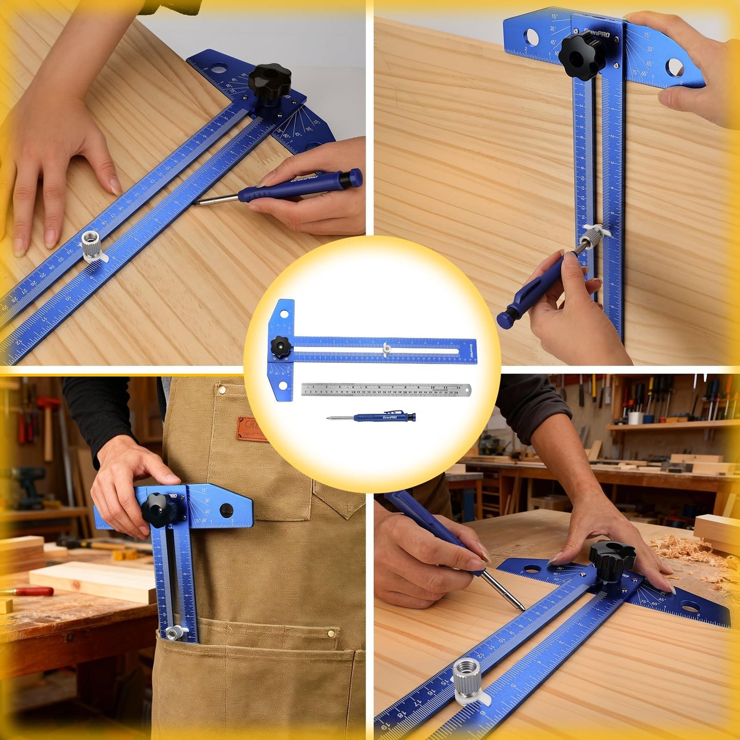 GRENPRO Woodworking Scriber Marking Line Ruler with Carpenter Pencil & Metal Ruler, Adjustable Aluminum Alloy Sliding T-Square Ruler, Measuring Angle Finder with Adjustment Scale,Drawing Aid Rule tool