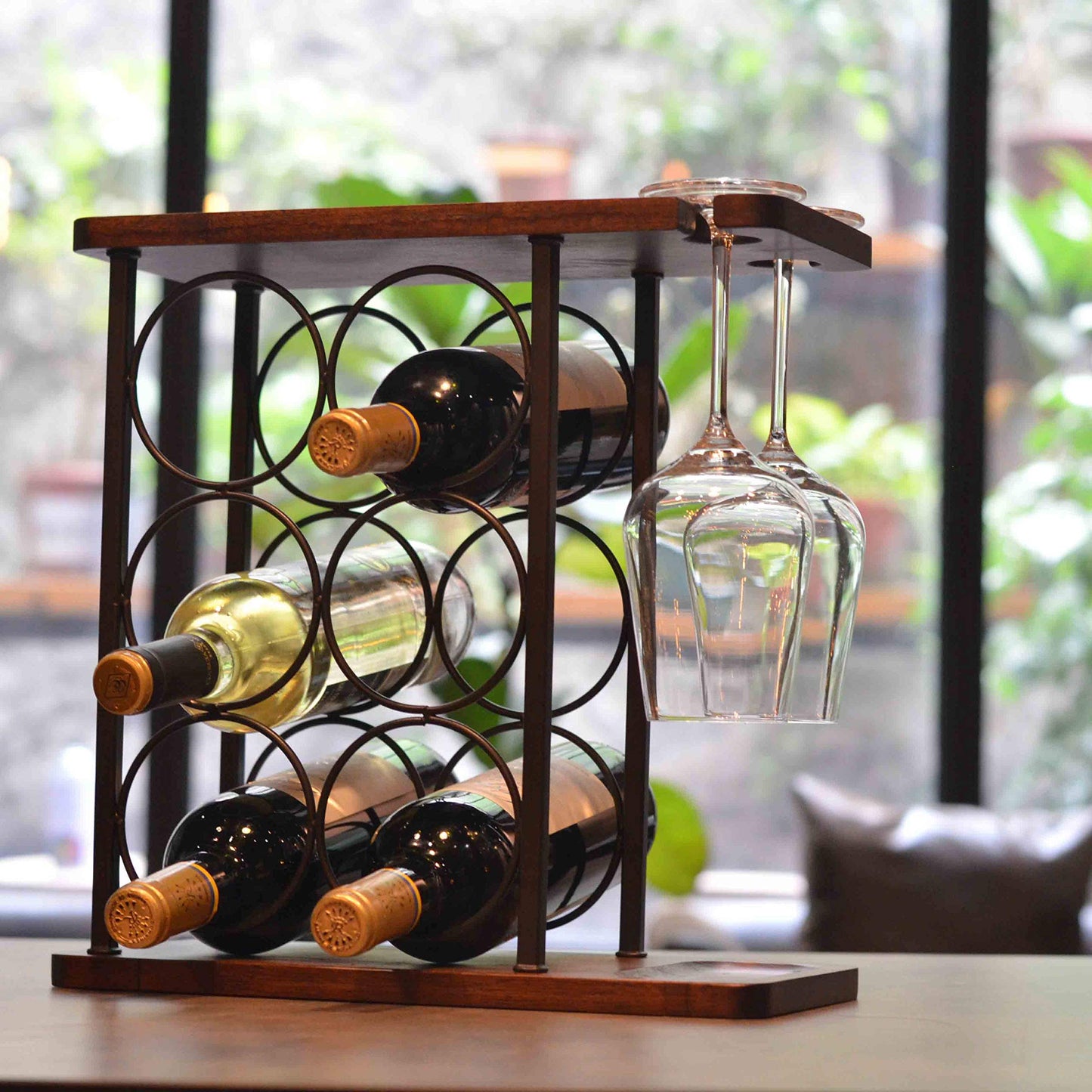 SASIDO Wine Racks Countertop, Wine Holder and Glasses Rack, Wooden Wine Stand with Tray, Perfect for Home Decor & Kitchen Storage Rack etc (Hold 6 Bottles and 2 Glasses)
