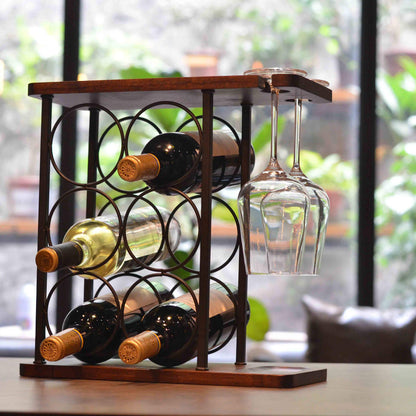 SASIDO Wine Racks Countertop, Wine Holder and Glasses Rack, Wooden Wine Stand with Tray, Perfect for Home Decor & Kitchen Storage Rack etc (Hold 6 Bottles and 2 Glasses)