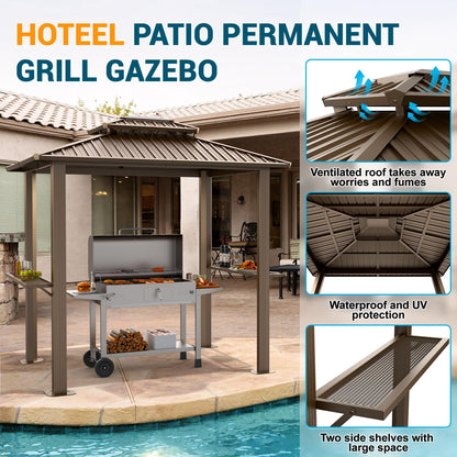 Hoteel 6x8 Hardtop Grill Gazebo, Outdoor Patio BBQ Gazebo with Galvanized Steel Double Roof, Hardtop Barbecue Canopy with 2 Side Shelves for Deck Lawn Backyard Garden,Brown
