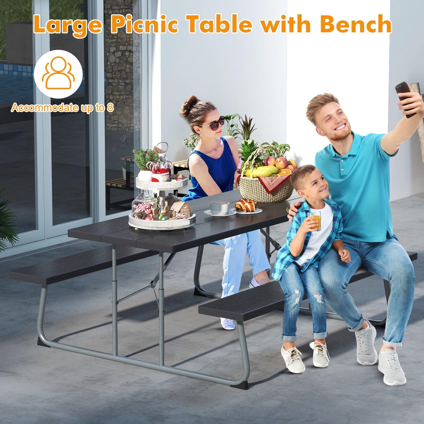 Tangkula 6 Ft Folding Picnic Table, Outdoor 8 Person Large Picnic Table Set with 2 Built-in Benches, Umbrella Hole, Metal Frame & HDPE Tabletop for Garden, Backyard (Black)