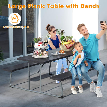 Tangkula 6 Ft Folding Picnic Table, Outdoor 8 Person Large Picnic Table Set with 2 Built-in Benches, Umbrella Hole, Metal Frame & HDPE Tabletop for Garden, Backyard (Black)