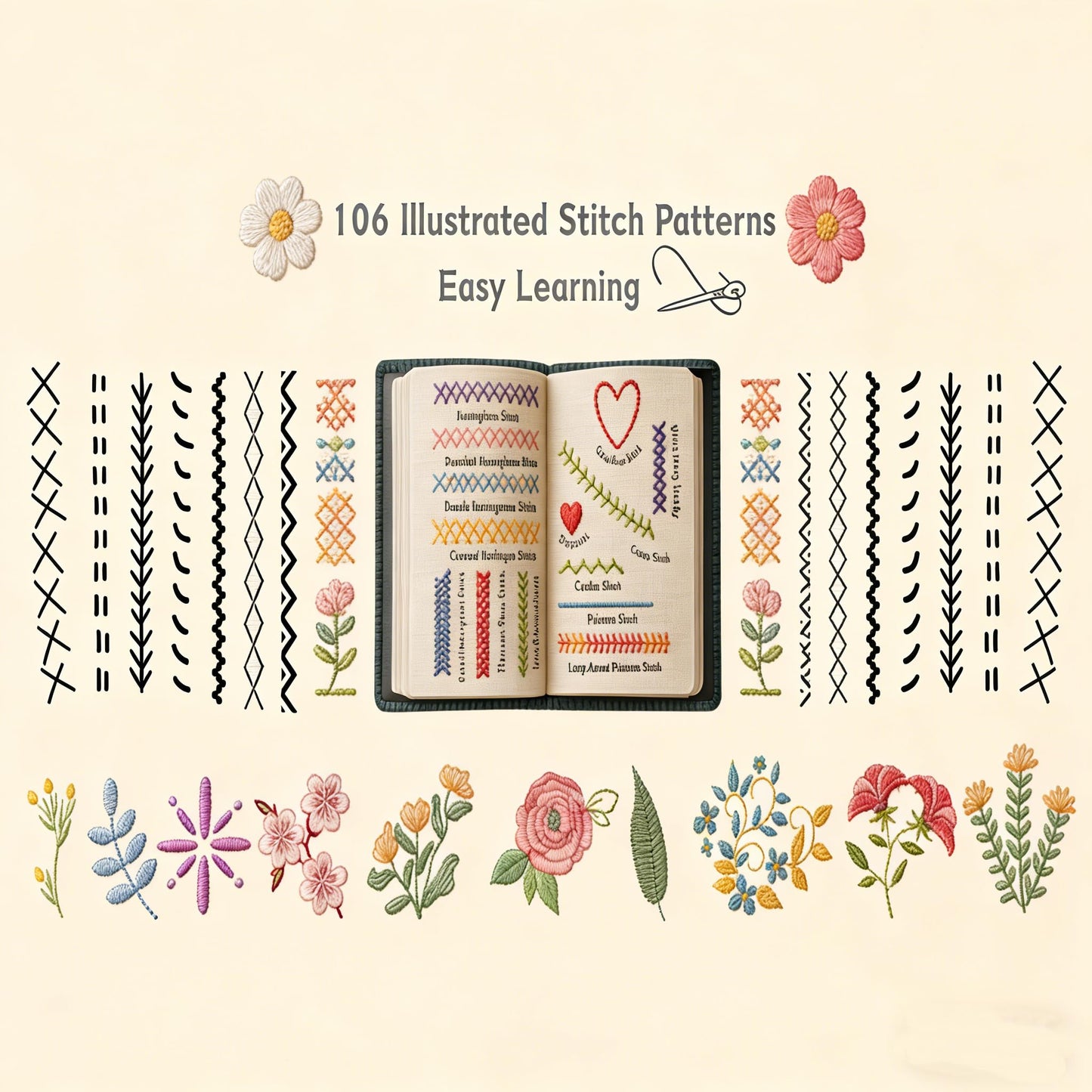 New DIY Embroidery Stitch Book Kit,86-Piece Sewing Tool Set,with 106 Illustrated Stitches,Step-by-Step Tutorials,Perfect Gift for Craft Lovers & Cross Stitch Enthusiasts