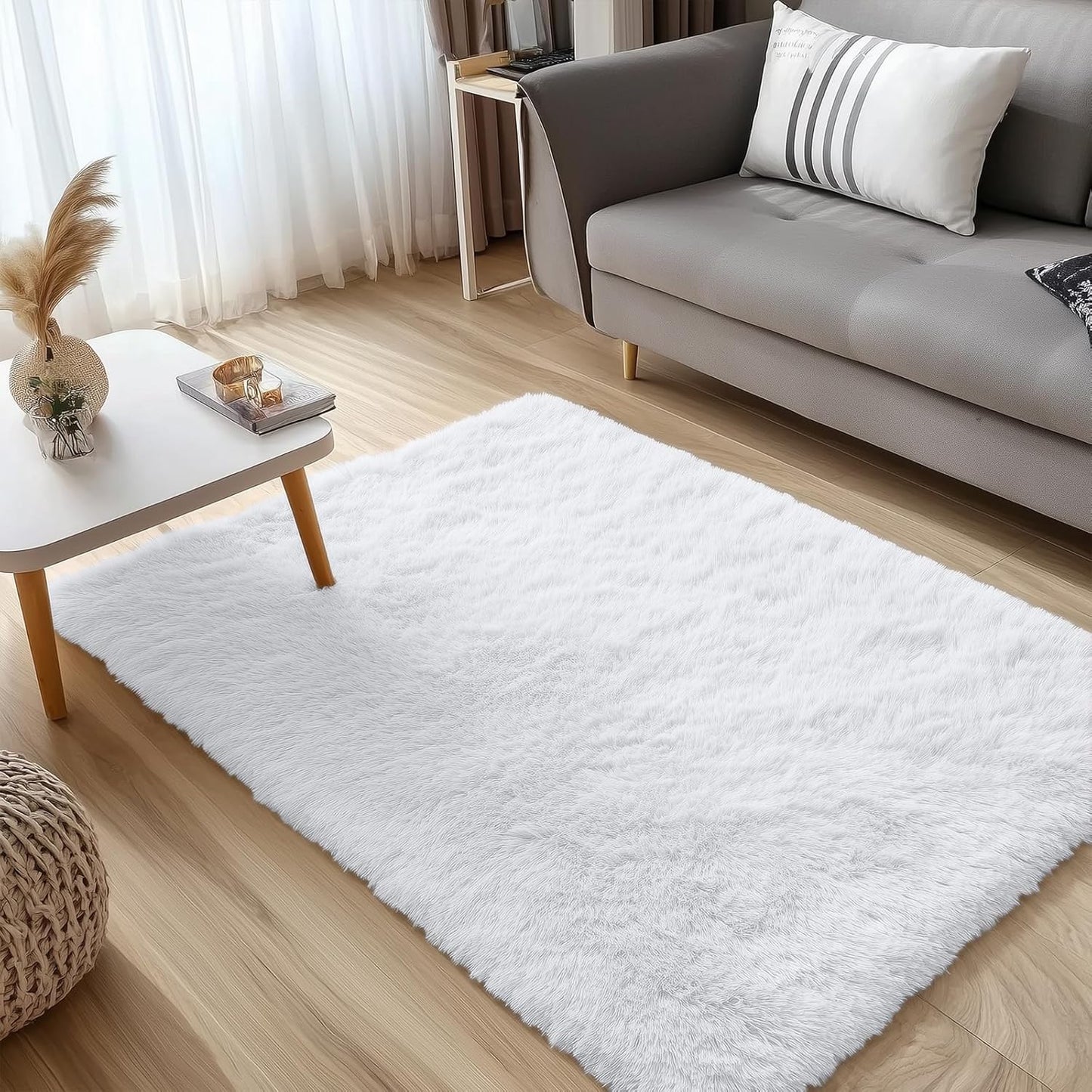 OLANLY Soft Fluffy Shaggy Area Rug - 4x5 Machine Washable Accent Rug for Bedroom & Nursery | White