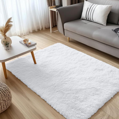 OLANLY Soft Fluffy Shaggy Area Rug - 4x5 Machine Washable Accent Rug for Bedroom & Nursery | White