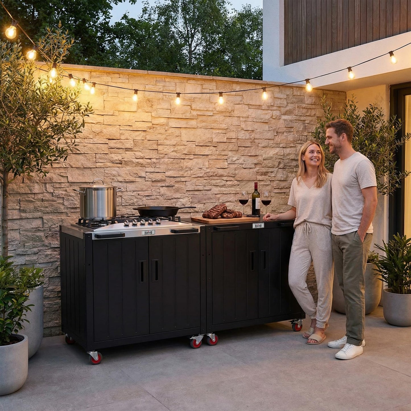 Feasto Gas Grill, Movable Outdoor Gas Stove Stainless Steel Top with Cabinet, 5 Burners with 36,200 BTUs, Outdoor Propane Grill for Outdoor Cooking, Ideal for Lawn & Garden, L35.4 x W24
