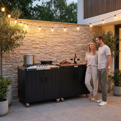 Feasto Gas Grill, Movable Outdoor Gas Stove Stainless Steel Top with Cabinet, 5 Burners with 36,200 BTUs, Outdoor Propane Grill for Outdoor Cooking, Ideal for Lawn & Garden, L35.4 x W24