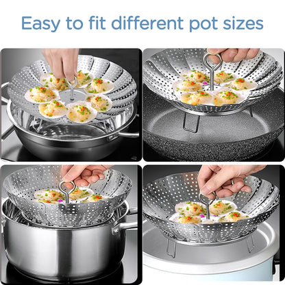 Yubng 304 Stainless Steel Vegetable Steamer Basket, Expandable Insert for Cooking, Fits 6.4 to 10.2 Inch Pots, Includes 7.3 Inch Kitchen Tongs