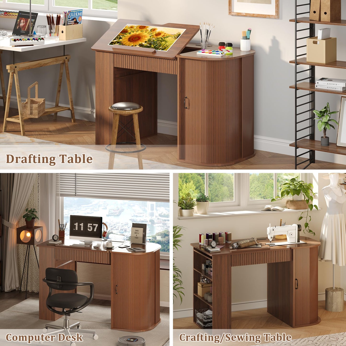Lurinthal Drafting Table with Storage Cabinet & Drawers, Crafting Table with Open Shelves, Fluted Drawing Desk Computer Desk for Artists, Painters, Drawing, Crafting, Reading, Writing, Working