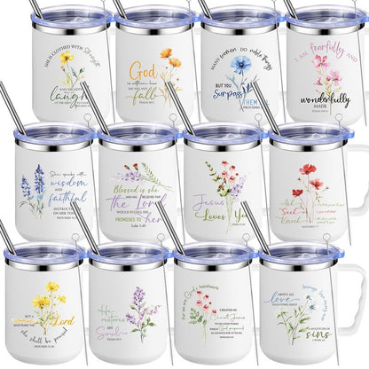 Nitial 12 Pcs 17 oz Christian Coffee Mugs with Lid and Straw Religious Bible Verse Christian Gifts Insulated Inspirational Bible Affirmations Tumbler for Women Friend Men (White,Flower)