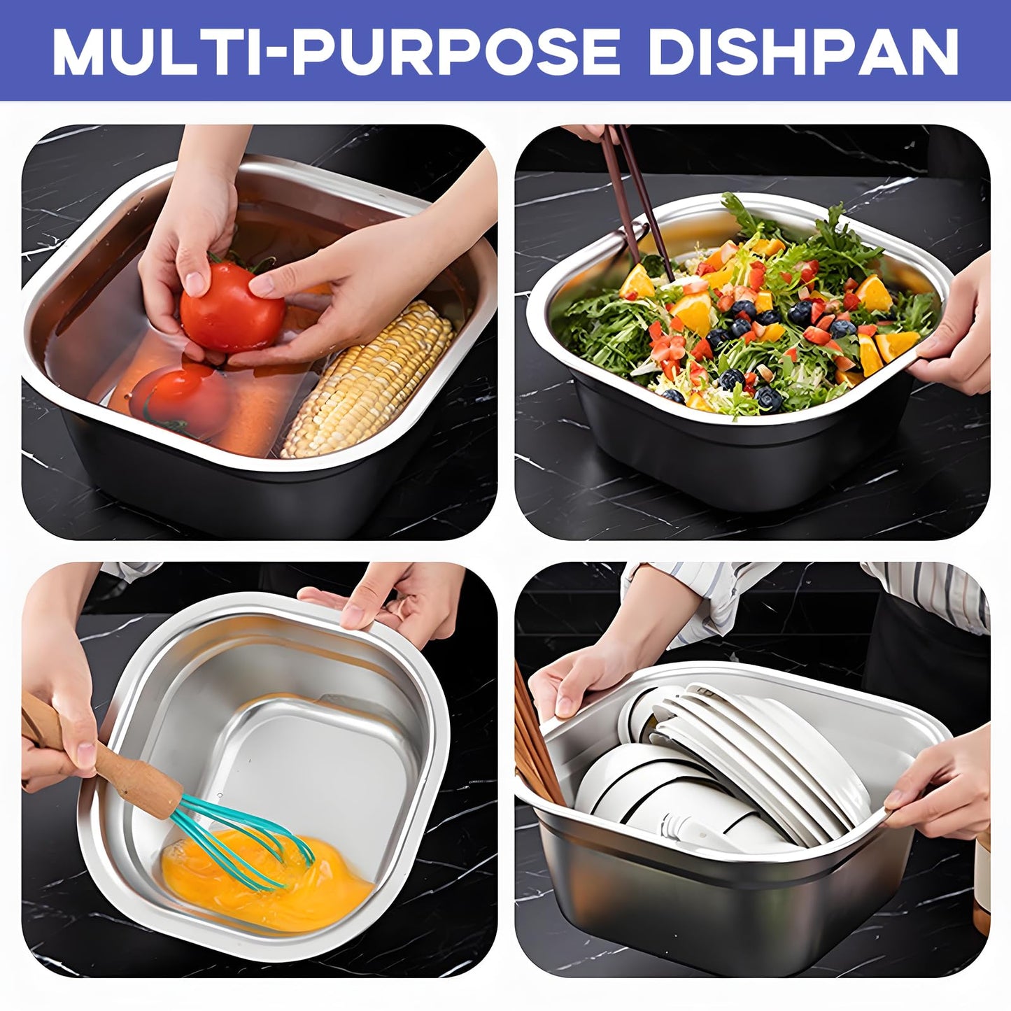 2PCS Stainless Steel Washing Up Bowls, 12.8" Sturdy Square Dish Tub, Fruit Vegetable Washing Basin for Sink, Large Square Containers for Kitchen, Vegetable Washing Basins, Sturdy Dishpans for Home