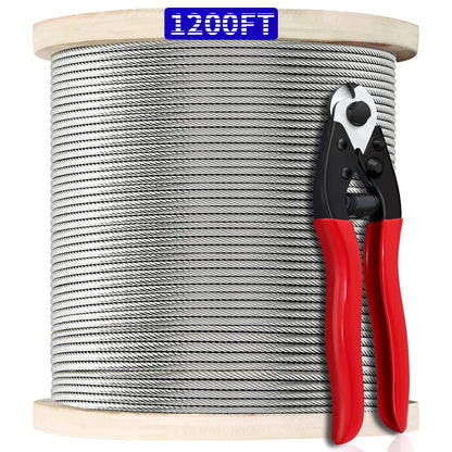 1200FT 1/8" T316 Stainless Steel Cable, 1/8 Inch Wire Rope Aircraft Cable for Deck Cable Railing Kit, 7 x 7 Strands Construction, DIY Balustrades, Come with a Cutter