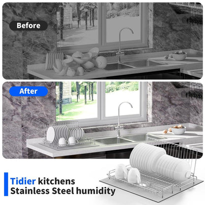 chilinii Dish Drying Rack Stainless Steel Collapsible Foldable Small Dish Rack Countertop Portable Drainer with Drying Mat for Kitchen Dorm RV Campers Travel Trailer Space Saving