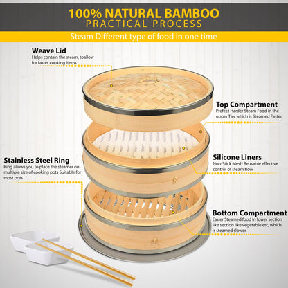 SP DYNAMICS Bamboo Steamer Basket Set Chinese Cuisine 10-inch 2 Tiers Vegetable Steaming Basket for Cooking with Chopsticks, Sauce Dishes, and Reusable Liners - Dumpling Steamer Baskets