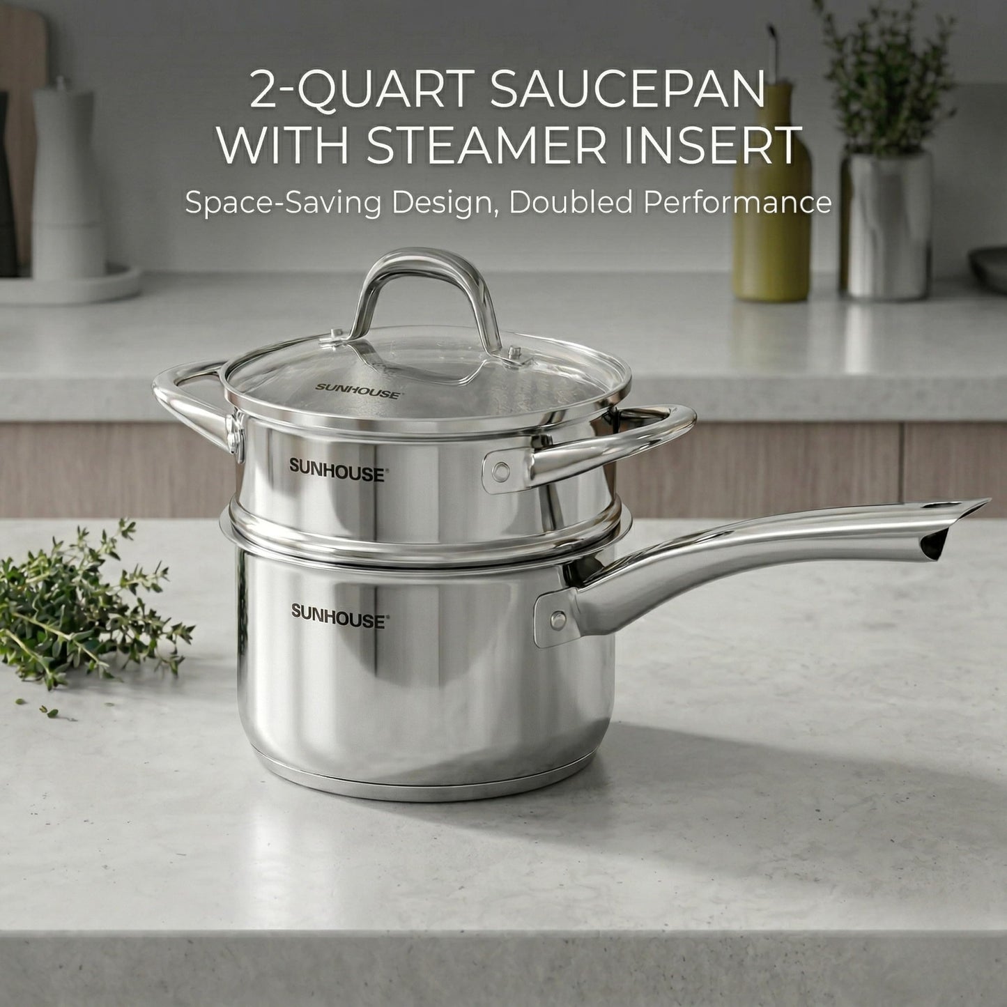 SUNHOUSE Stainless Steel Sauce Pan with Lid - Tri-Ply 2 Quarts Steamer for Cooking, Small Cooking Pot with Steamer Basket, Induction Compatible Steam Pot for Vegetable