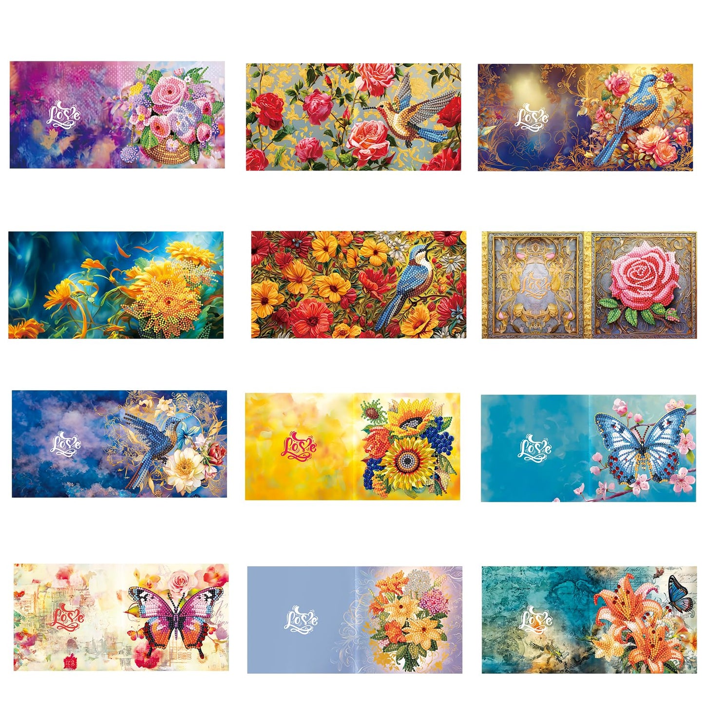 pigpigboss 12 Packs Flower Butterfly Diamond Painting Greeting Card Kit, Bird Diamond Art Birthday Cards with Envelope, Diamond Dots Thank You Card for Beginner Adult Birthday Holiday Blessing