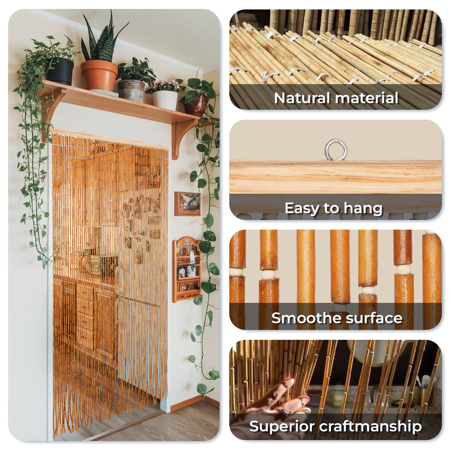 Natural Wooden Beaded Curtain with Solid Wood Beads, Hand-Painted Hanging Door Curtain, Natural Wood Doorway Beads, 36" x 79", 90 Strings, Handmade Wooden Room Divider for Doorways & Windows
