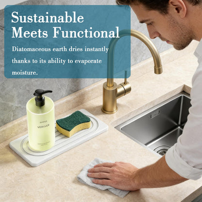 2 PCS Water Absorbing Stone Tray for Sink, Quick Drying Diatomite Bathroom Tray Countertop, Stone Drying Mat for Kitchen Counter Faucet, Soap Dish Dispenser Vanity Organizer, White-A-8.3" x 4"