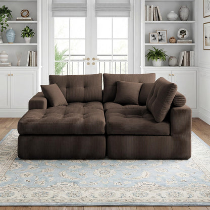 113-Inch L-Shaped Modular Corner Cloud Sofa Corduroy Tufted Foam Sectional with Deep Seat, 4 Pieces Compressed Boneless Sofa Couch with Movable Ottoman & 4 Toss Pillows