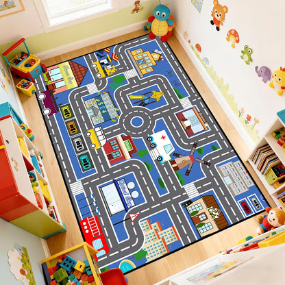 3'5' Car Track Rug Blue Road Rug for Kids, Car Traffic Road Play Mat for Kids Room Bedroom Decor