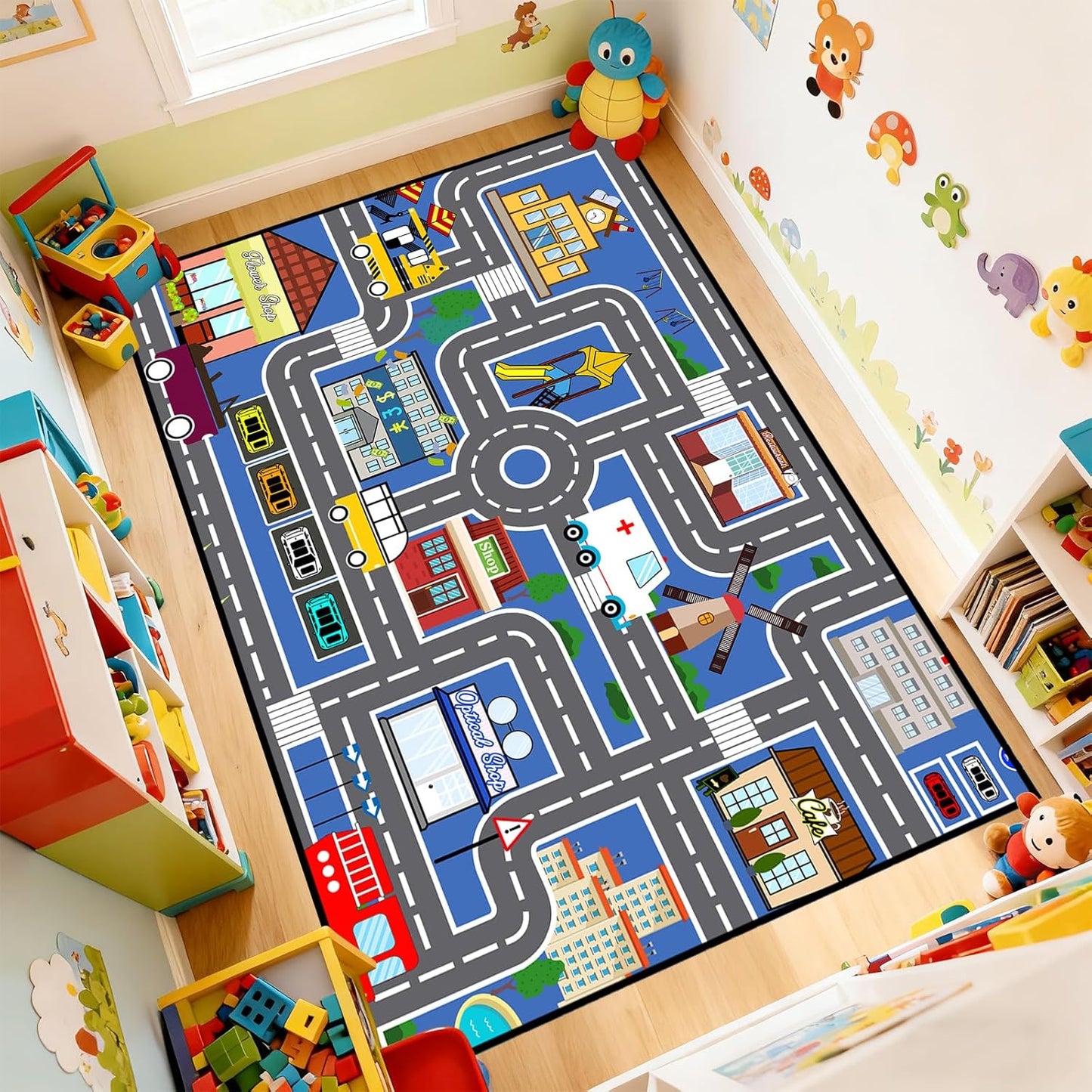 2'5''4' Car Track Rug Blue Road Rug for Kids, Car Traffic Road Play Mat for Kids Room Bedroom Decor City Carpet