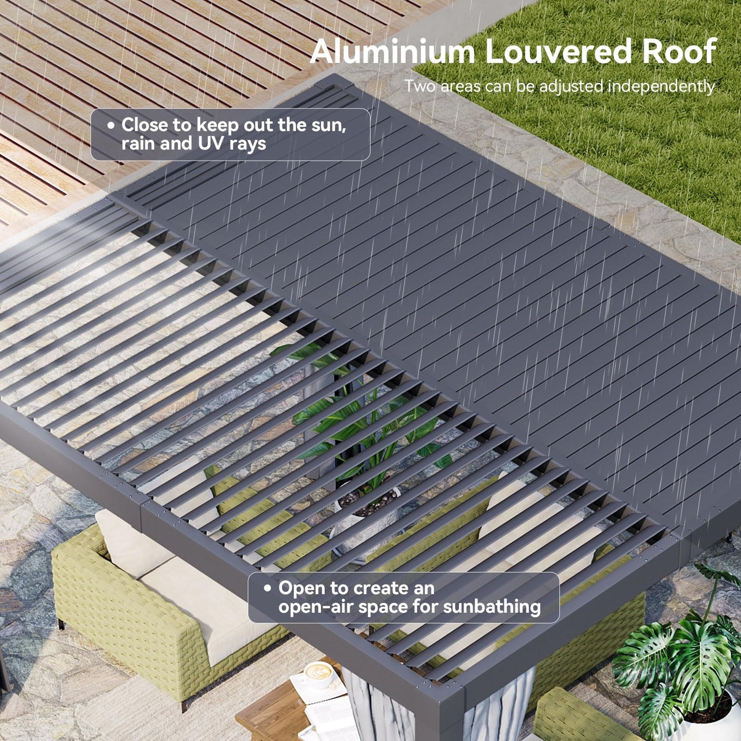 Aoxun Louvered Pergola 10x12 All-Aluminum Outdoor Gazebo with Independent Adjustable Roofs, Waterproof Curtains and Netting, Integrated Drainage System for Patios & Backyard