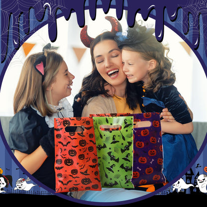 Gilprop 48 Pcs Halloween Plastic Gift Bags Ghost Pumpkin Bat Party Favor Bags Halloween Goodie Treat Candy Pouches with Handle for Party Supplies Gift Wrap