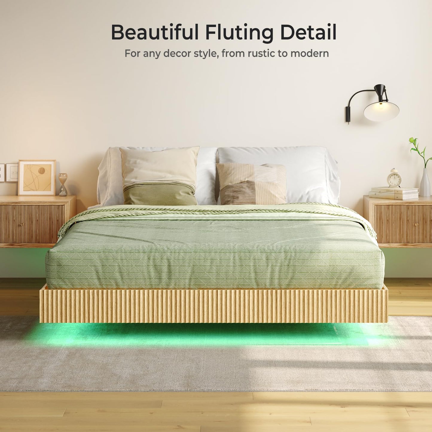 Tatub Natural Queen Floating Bed Frame with LED Lights, Modern Fluted Oak Platform Bed Frame Floating, Heavy Duty Metal Slats, No Box Spring Required